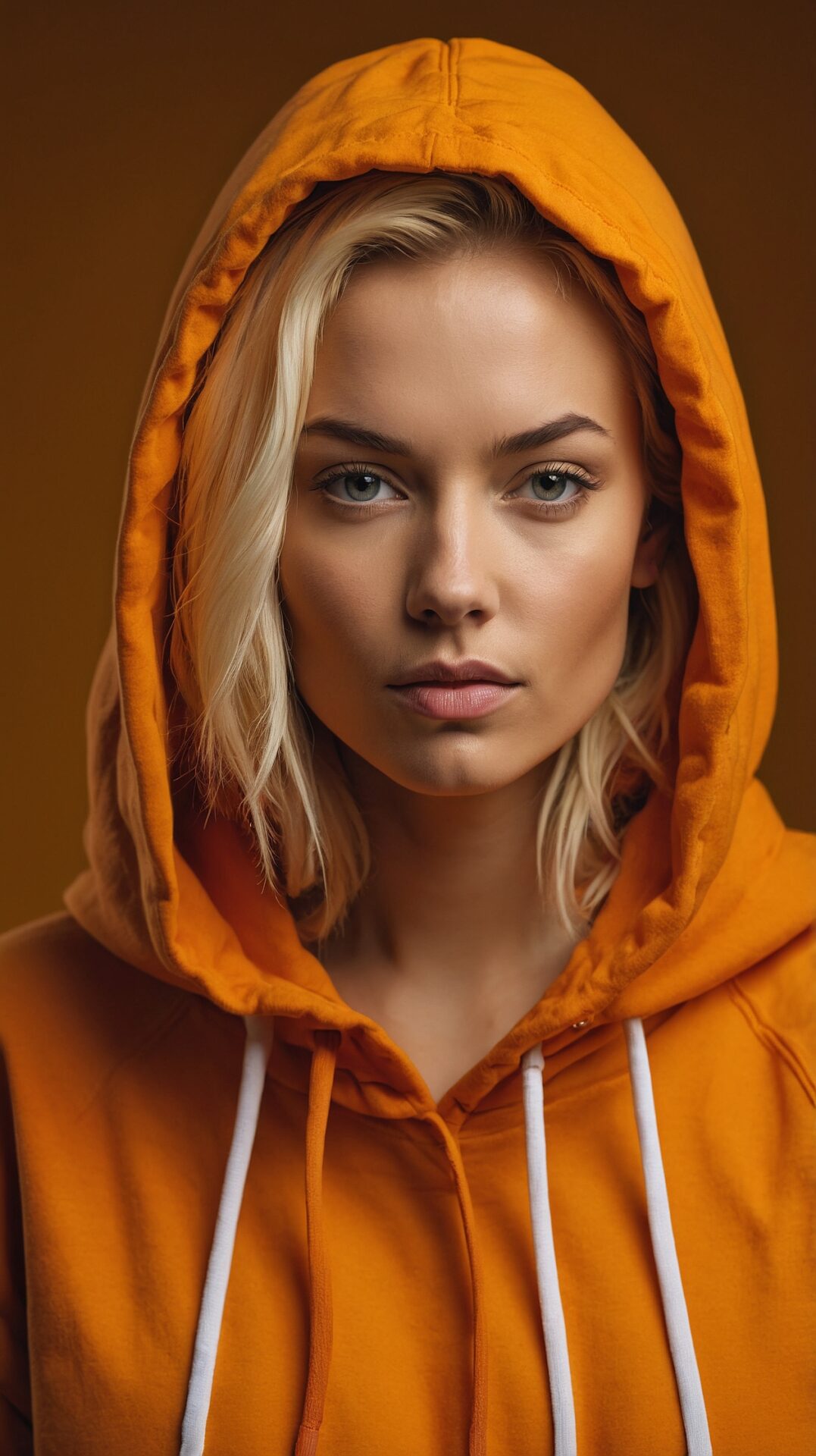 Blonde woman in orange hoodie, looking into camera with high-detail face and eyes, dark brown background.
