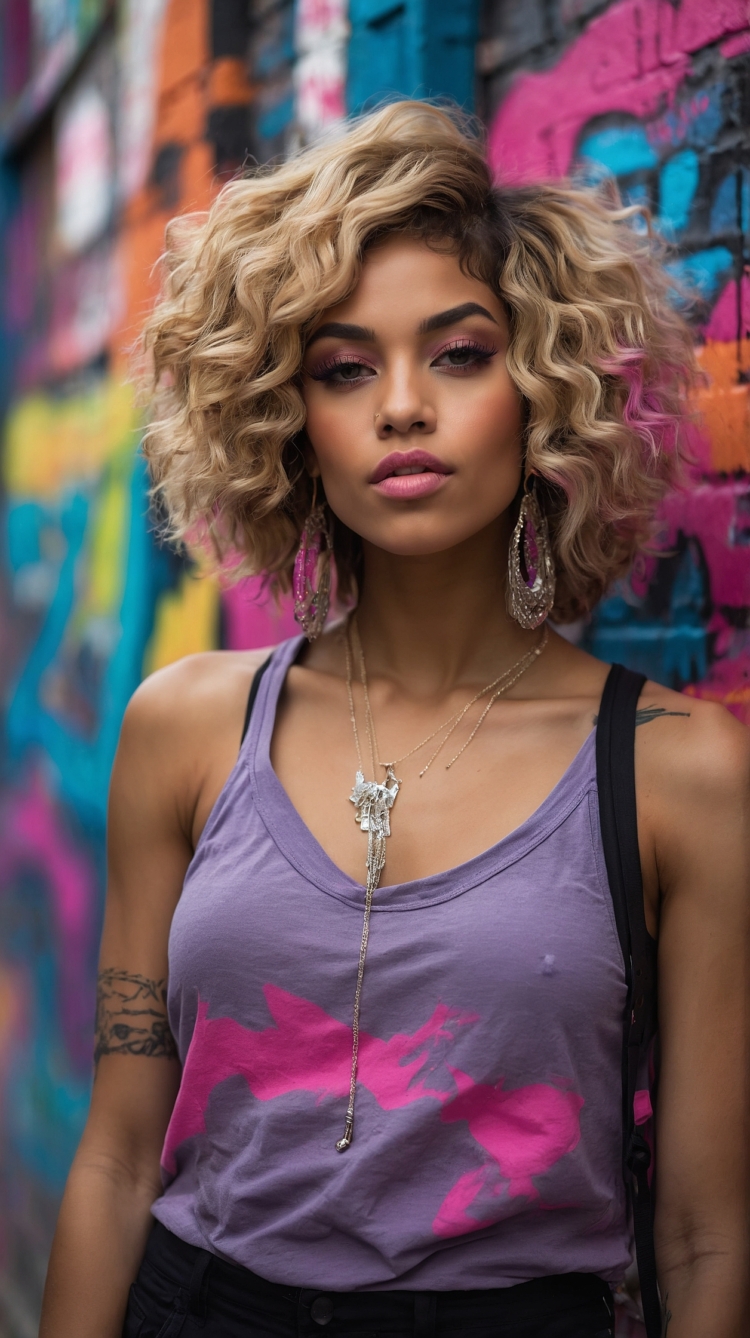 Jalyn Spradley in black jeans and purple tank top, blonde curly hair with pink highlights, silver jewelry, graffiti background.