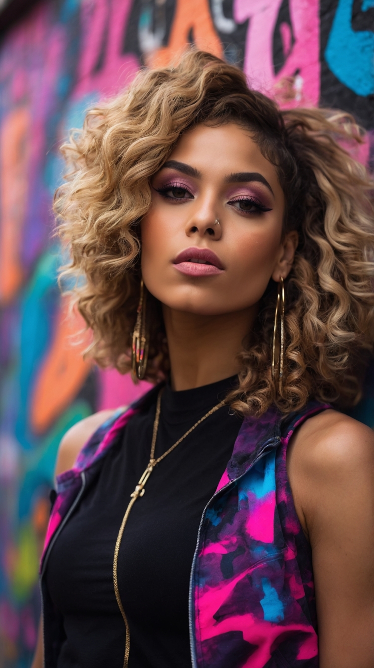 Mixed-race woman with curly hair, black top, colorful vest, pink eyeshadow, gold earrings, graffiti background.