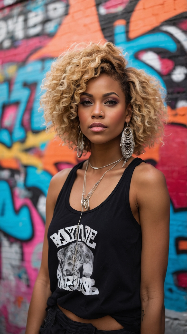 African American woman with blonde curly hair, silver hoop earrings, black tank top, positive energy shirt, colorful graffiti wall.