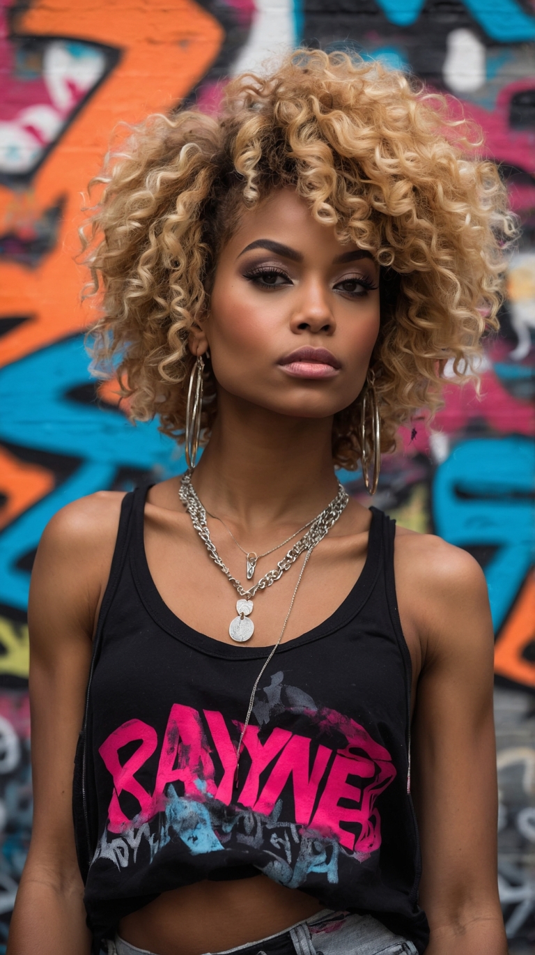 African American woman with short blonde curly hair, silver hoop earrings, diamond necklace, black tank top with RAYNE lettering, colorful wall background.