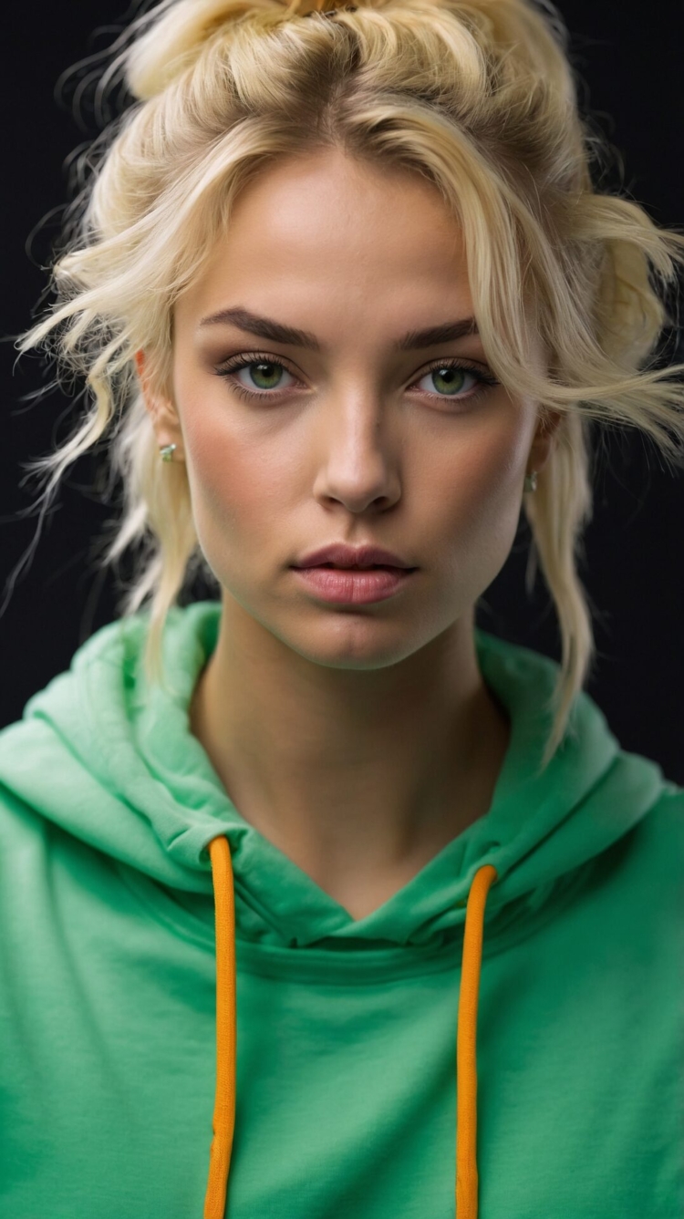 Blonde woman in green hoodie, hair in small buns, green eyes, serious expression, black background, professional high-resolution photo.