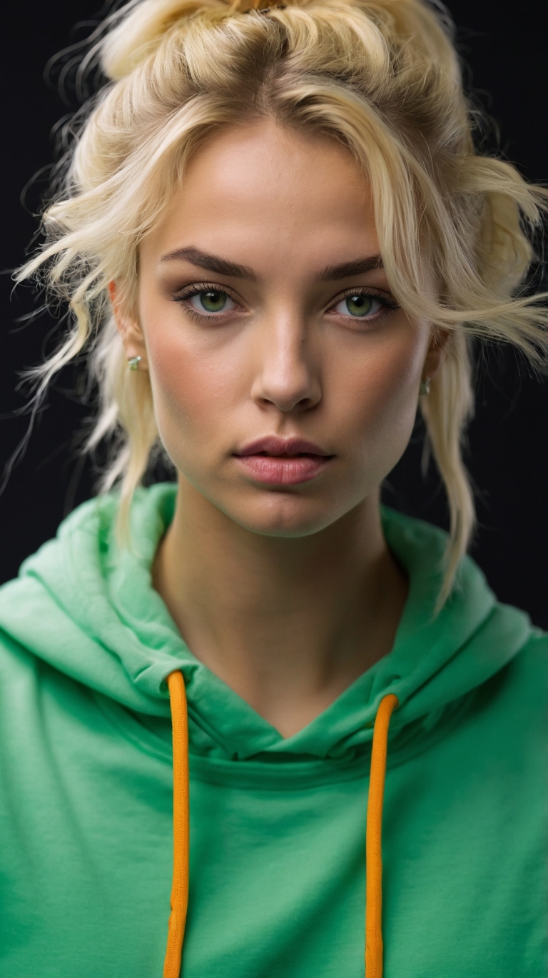 Blonde woman in green hoodie, hair in small buns, green eyes, serious expression, black background, professional high-resolution photo.