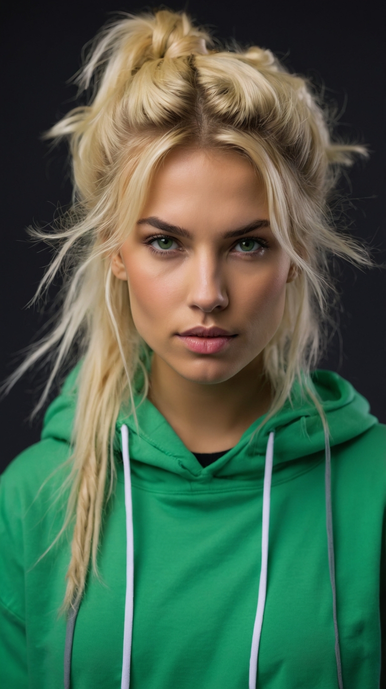 Blonde woman in green hoodie, messy bun, black background, studio portrait.