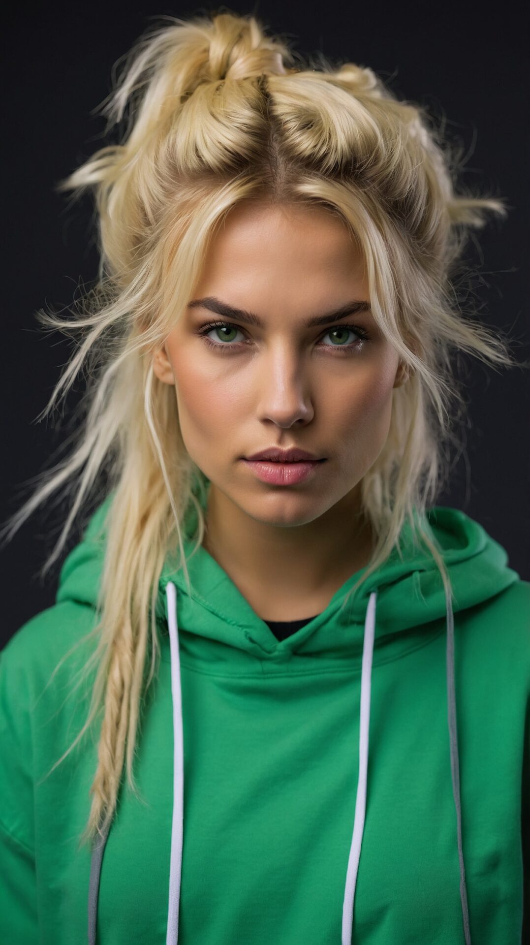 Blonde woman in green hoodie, messy bun, black background, studio portrait.