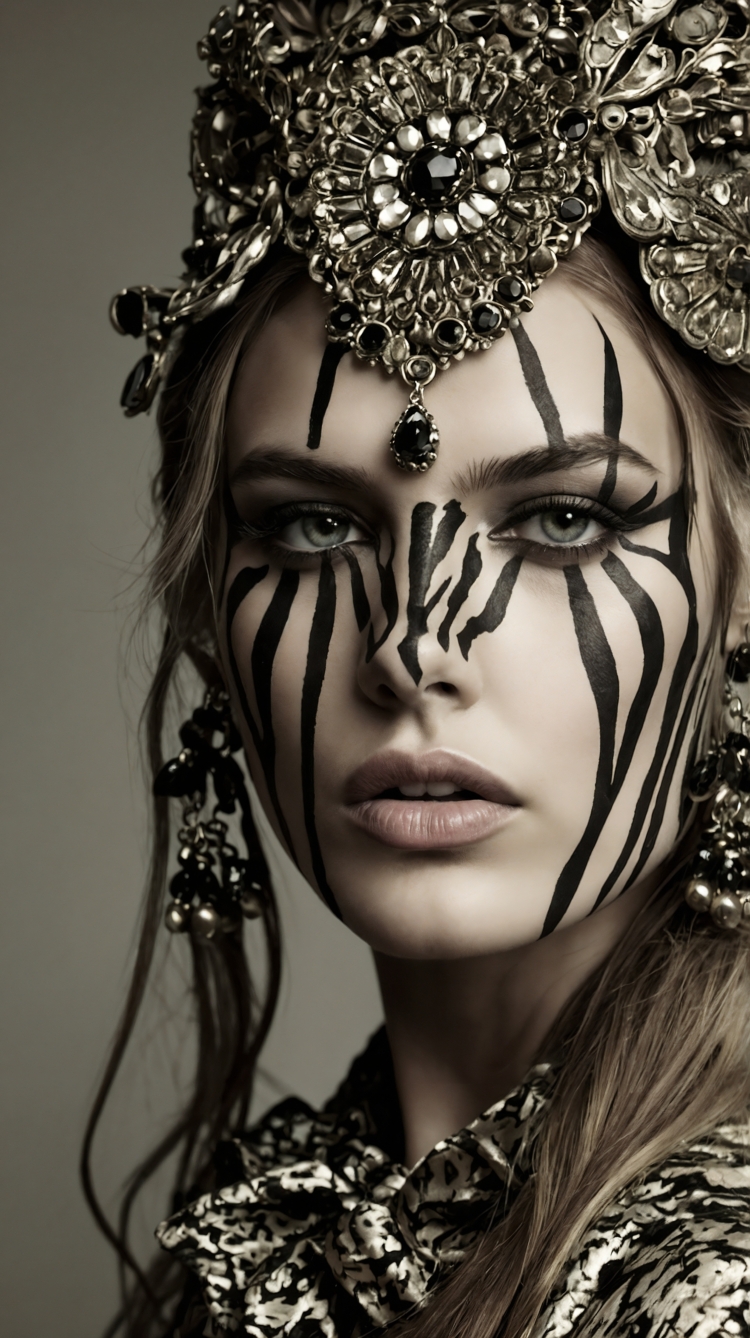 Woman with zebra face paint and silver-black gemstone headdress in soft studio lighting.