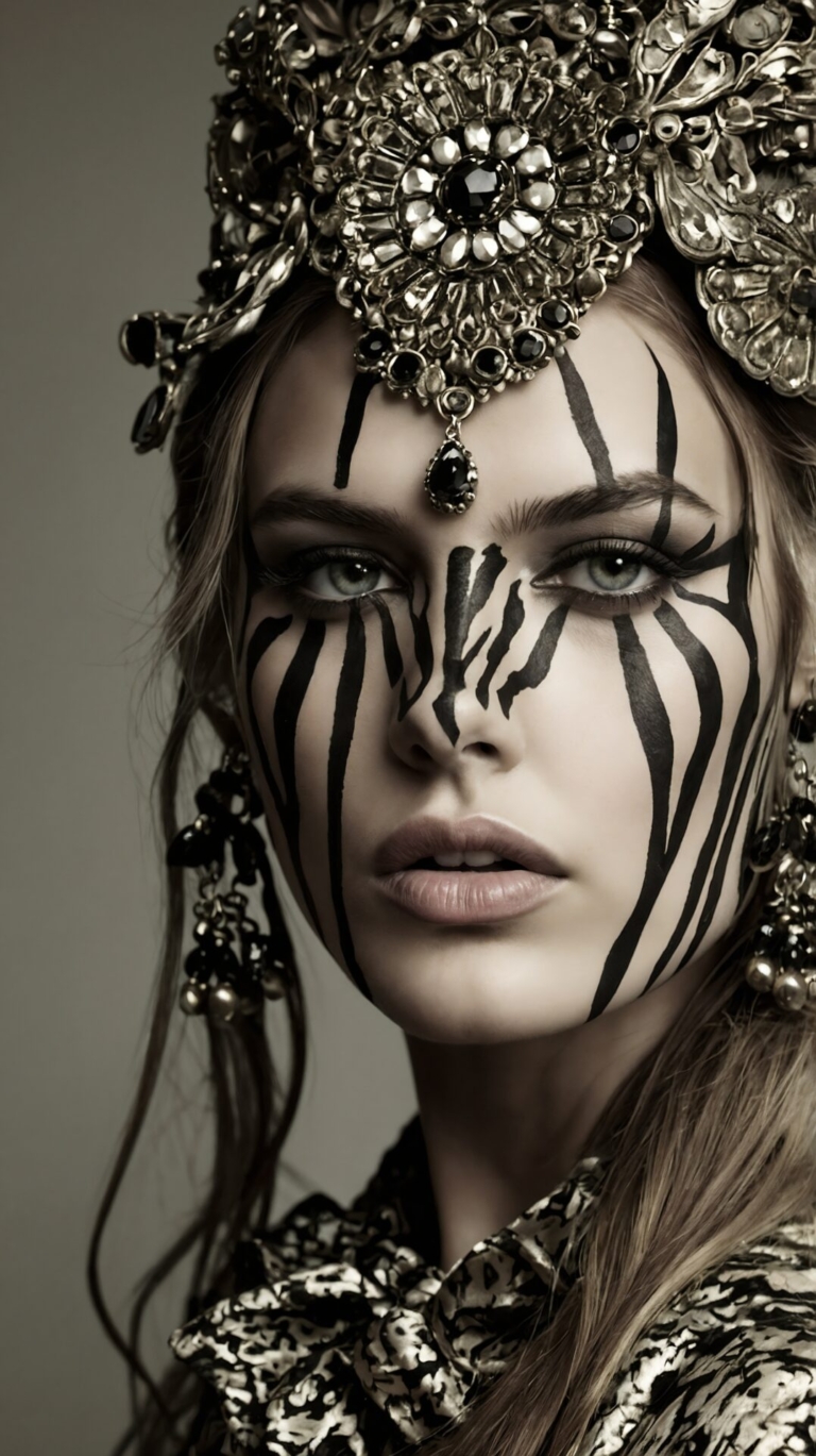 Woman with zebra face paint and silver-black gemstone headdress in soft studio lighting.