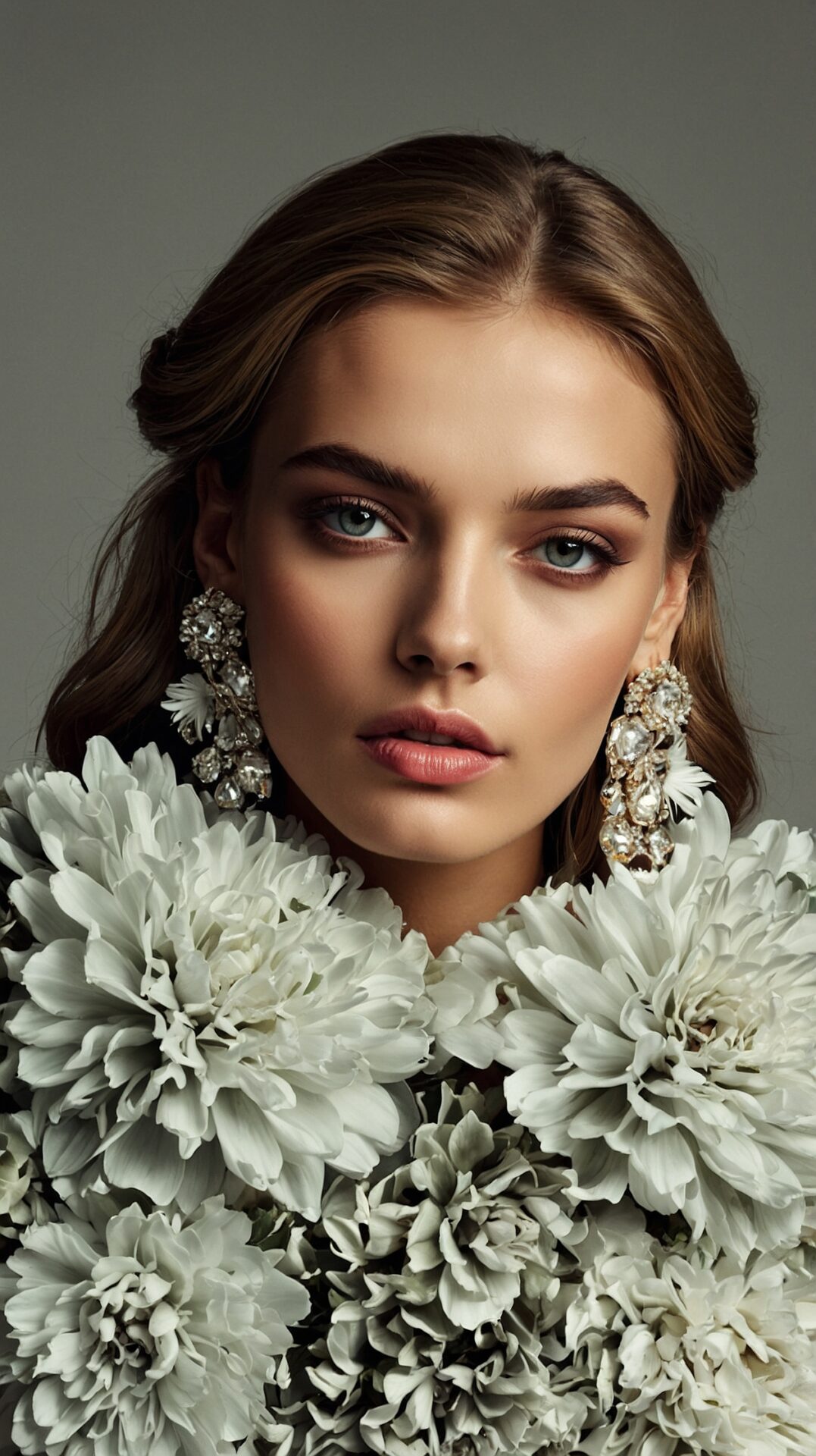 Elegant woman in white floral dress with earrings against gray background.