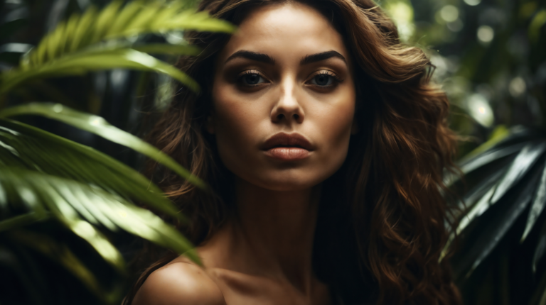 Exotic woman with wavy hair in jungle surrounded by lush green plants.