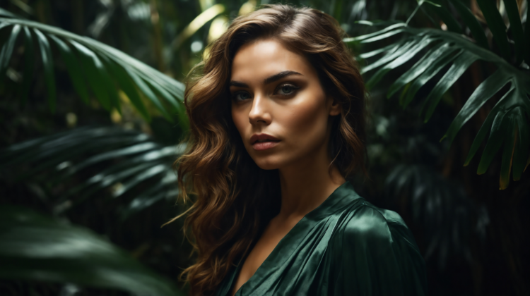 Elegant woman in green silk dress stands before tropical plants with lush foliage and dark background.