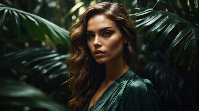 Elegant woman in green silk dress stands before tropical plants with lush foliage and dark background.