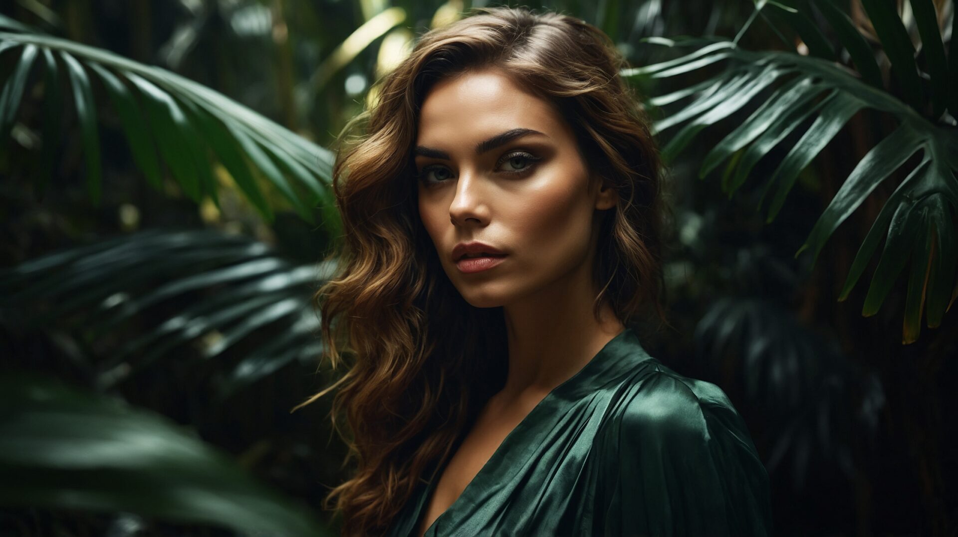 Elegant woman in green silk dress stands before tropical plants with lush foliage and dark background.