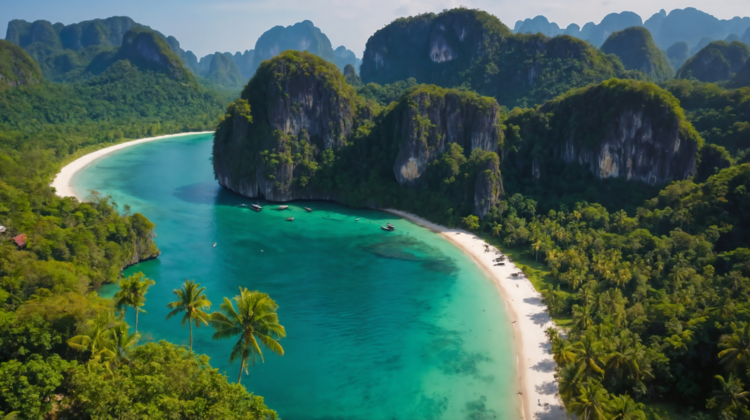Aerial view of white sandy beach with turquoise water and tropical jungle mountains under blue sky in Thailand.