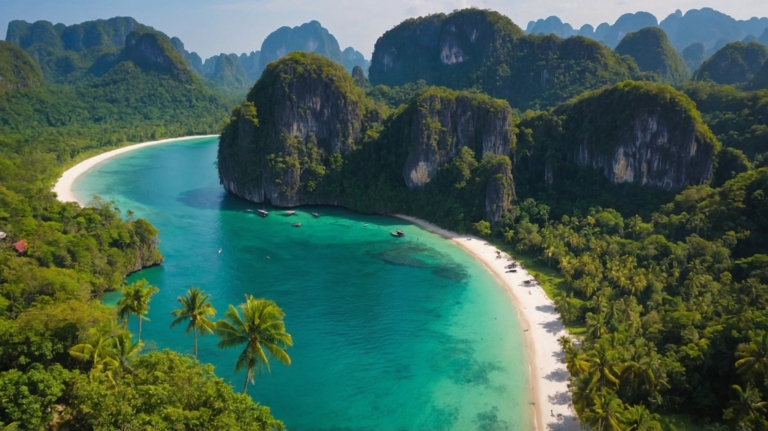 Aerial view of white sandy beach with turquoise water and tropical jungle mountains under blue sky in Thailand.