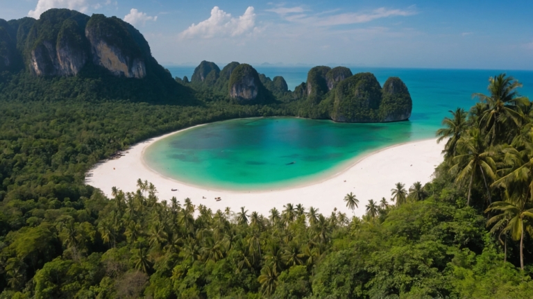 Aerial view of Phra Nang beach with white sand, turquoise water, and lush tropical trees in Krabi, Thailand.