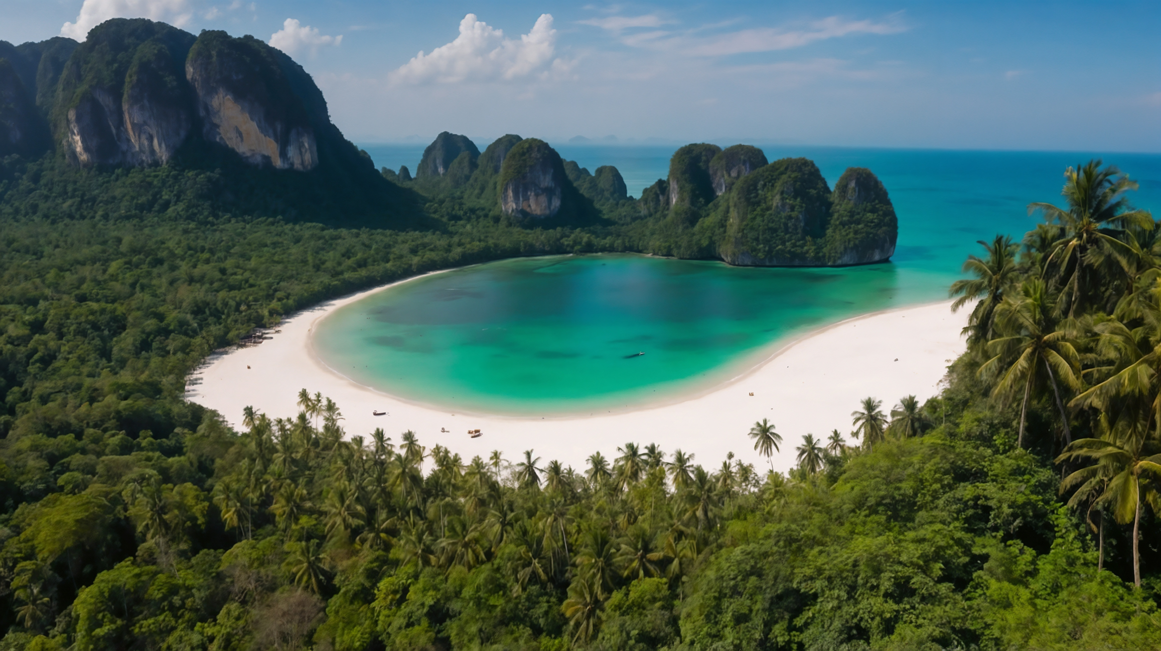 Aerial view of Phra Nang beach with white sand, turquoise water, and lush tropical trees in Krabi, Thailand.