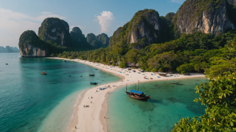 Aerial drone view of Krabi’s white sand beach with turquoise waters, boats, cliffs, and lush greenery in Thailand.