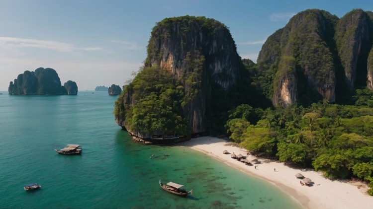 Aerial drone view of Krabi, Thailand, showing white sandy beaches, lush cliffs, turquoise waters with boats, and an underwater scene with coral reefs and marine life.