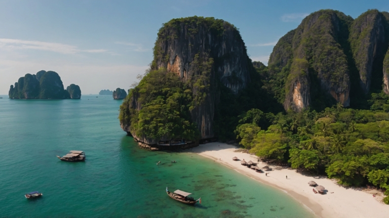Aerial drone view of Krabi, Thailand, showing white sandy beaches, lush cliffs, turquoise waters with boats, and an underwater scene with coral reefs and marine life.