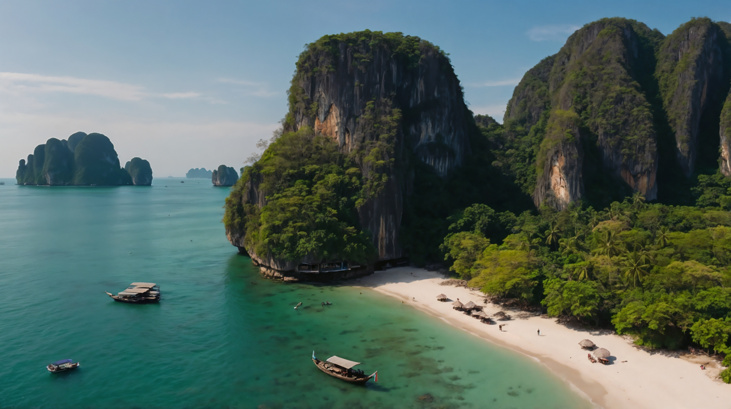 Aerial drone view of Krabi, Thailand, showing white sandy beaches, lush cliffs, turquoise waters with boats, and an underwater scene with coral reefs and marine life.