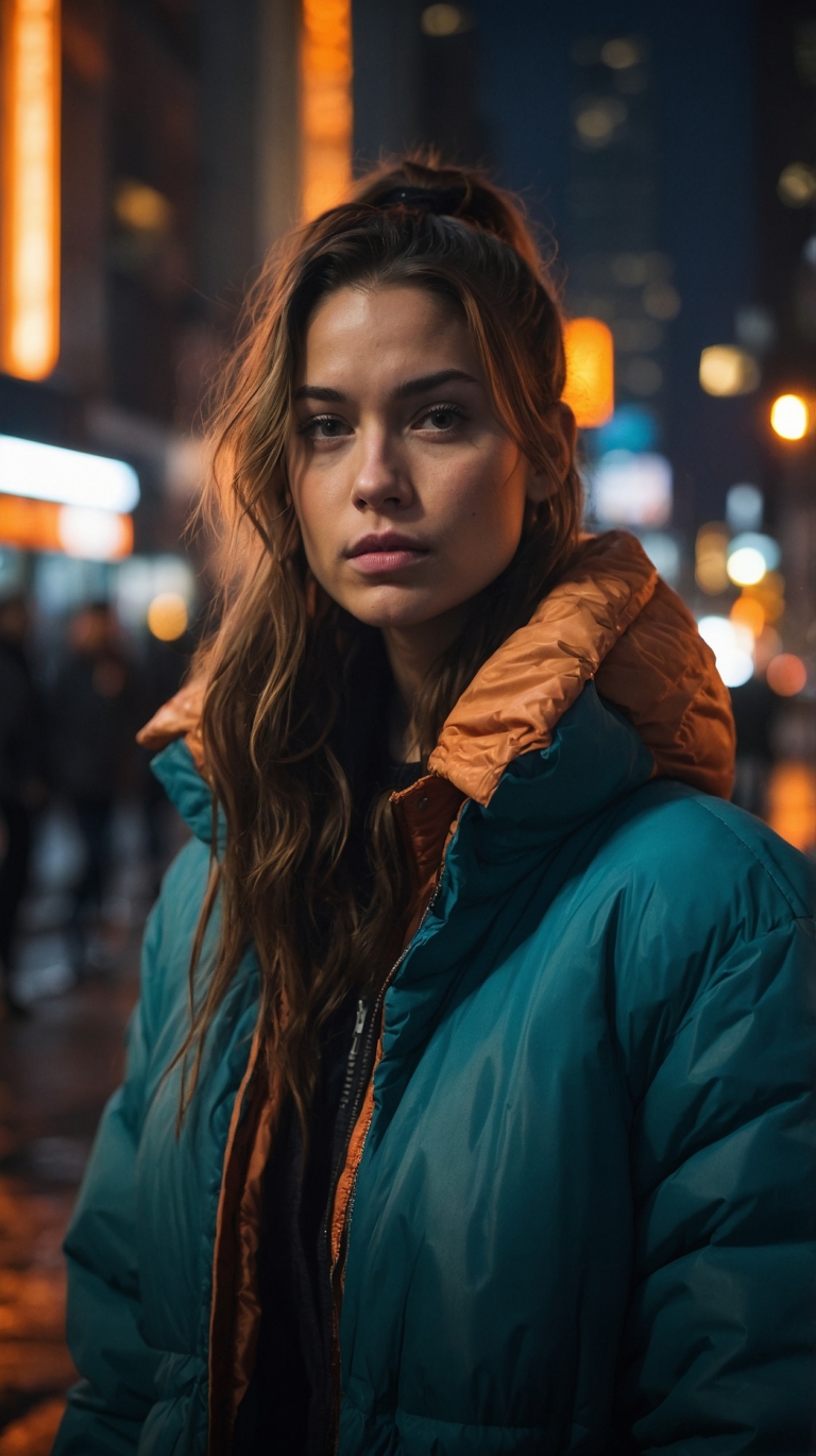 Woman in teal puffer jacket with orange hood standing on a New York street at night, looking into the camera.