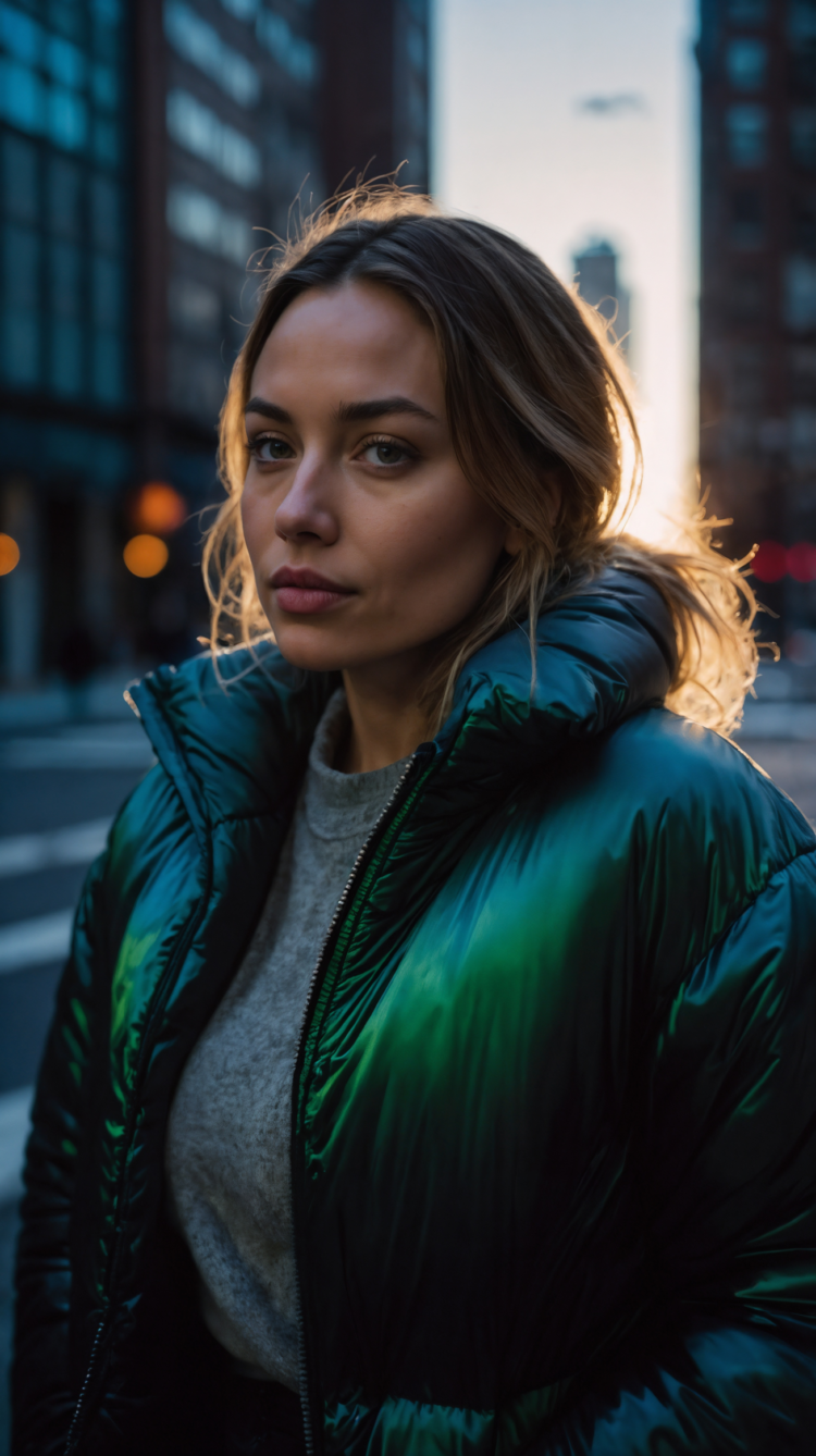Woman in green puffer jacket standing on a city street at dusk with blurred evening lights.