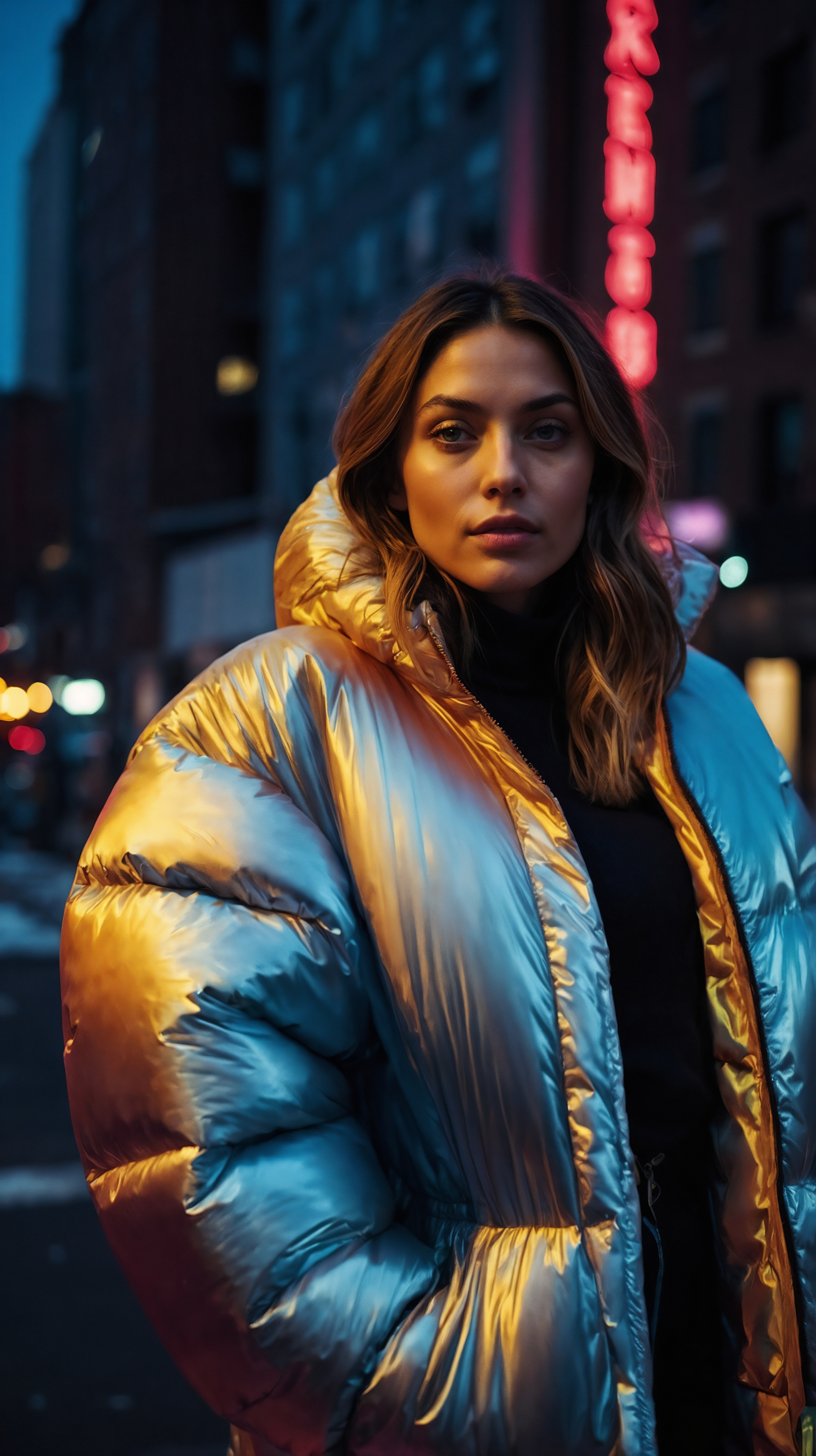 Young woman in green puffer jacket standing on city street with glowing evening lights.