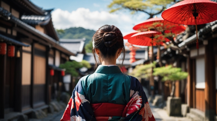 Japanese woman in kimono walking through old town with red umbrellas and mountain backdrop.