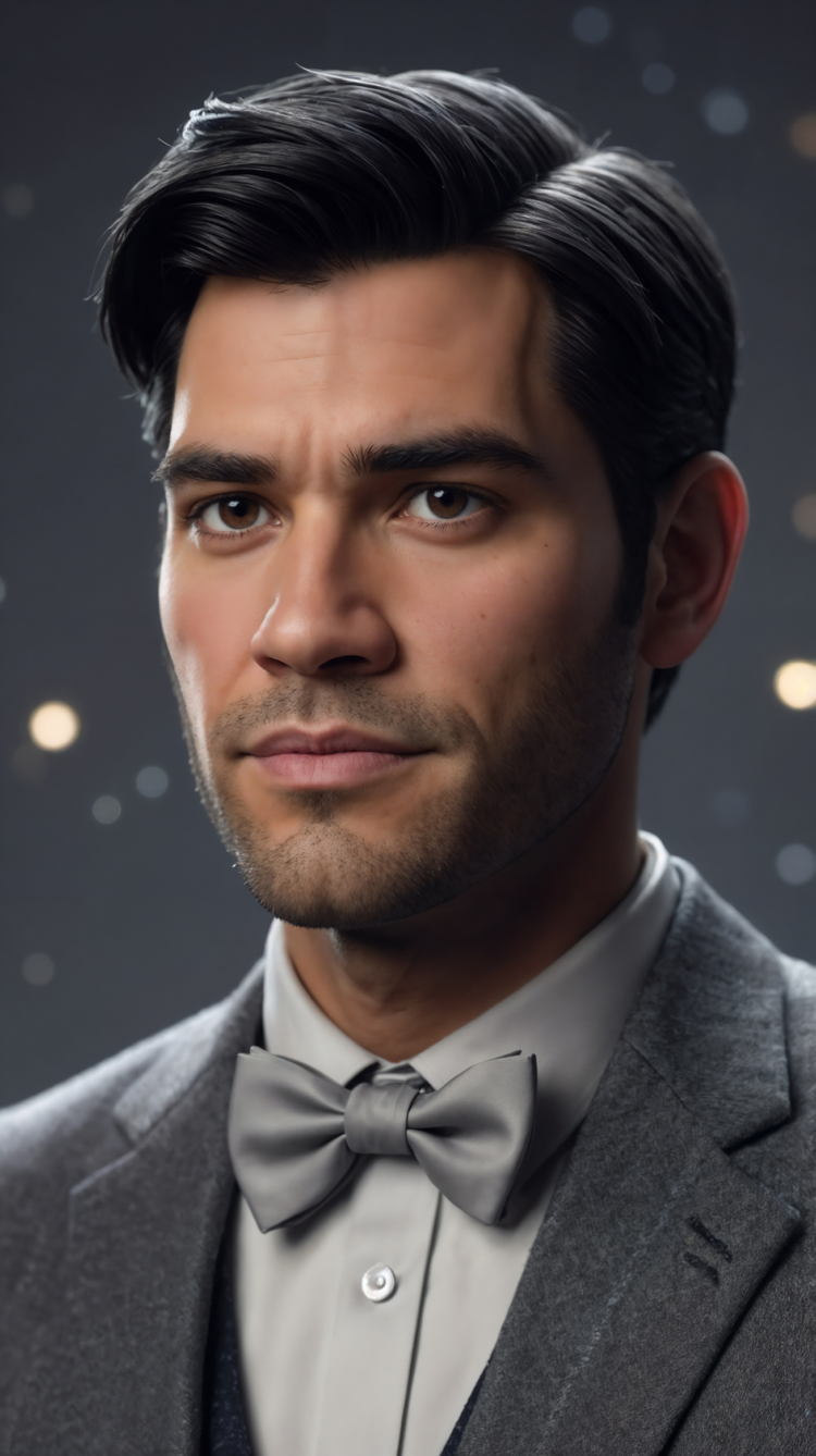 Handsome man in gray suit and bow tie with starry backdrop and serious expression.