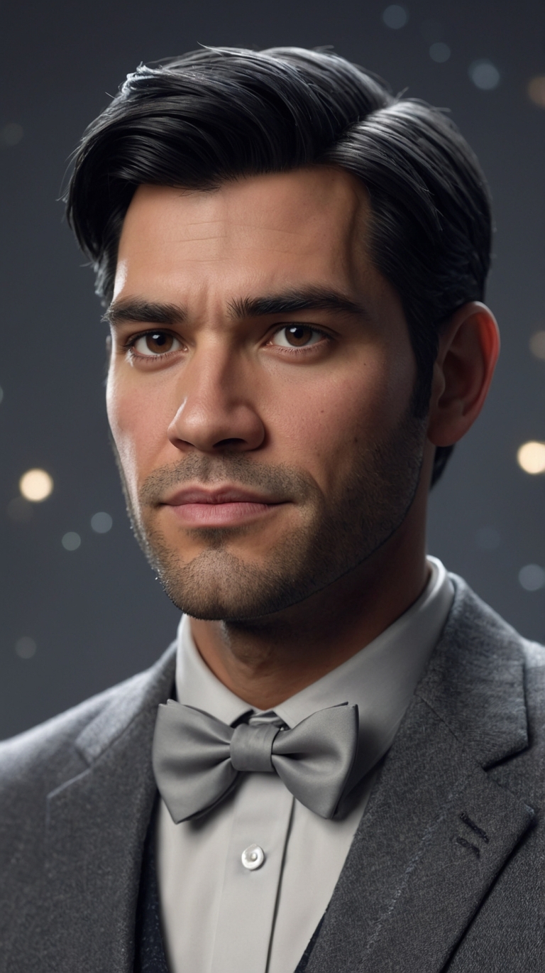 Handsome man in gray suit and bow tie with starry backdrop and serious expression.