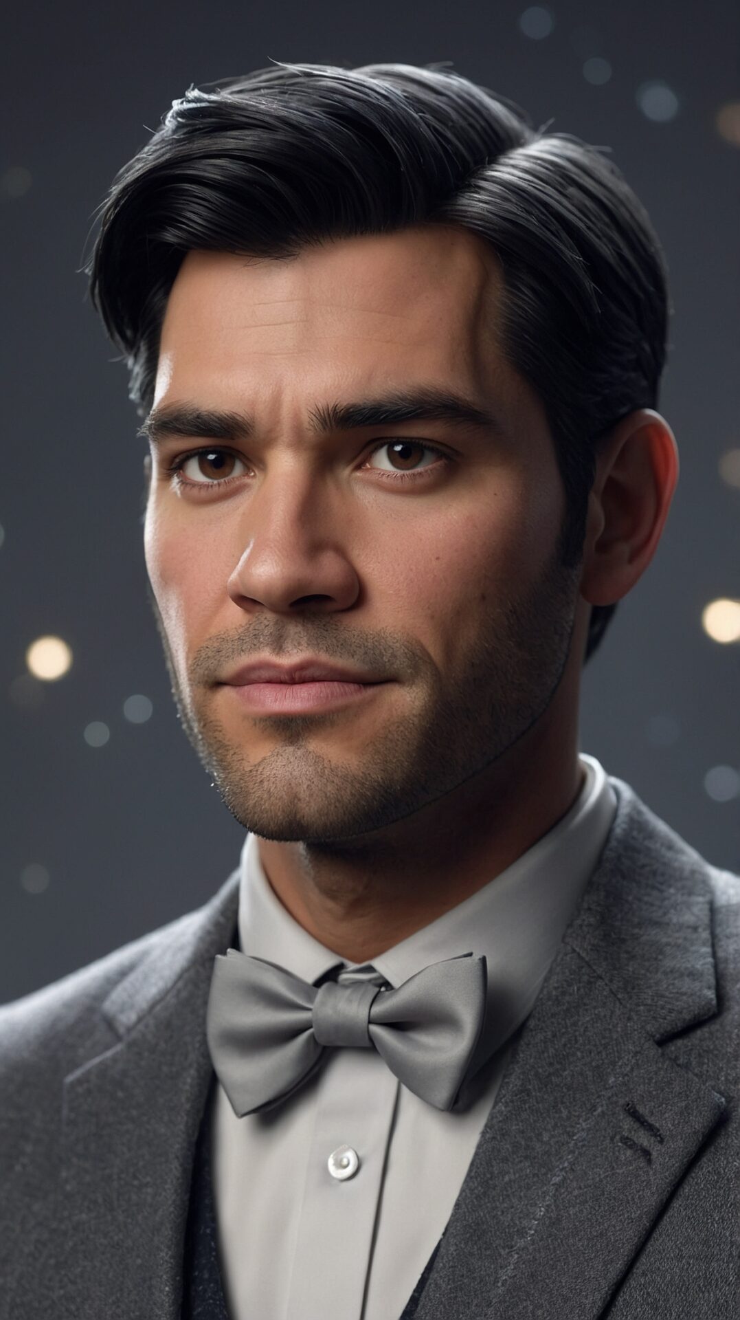 Handsome man in gray suit and bow tie with starry backdrop and serious expression.