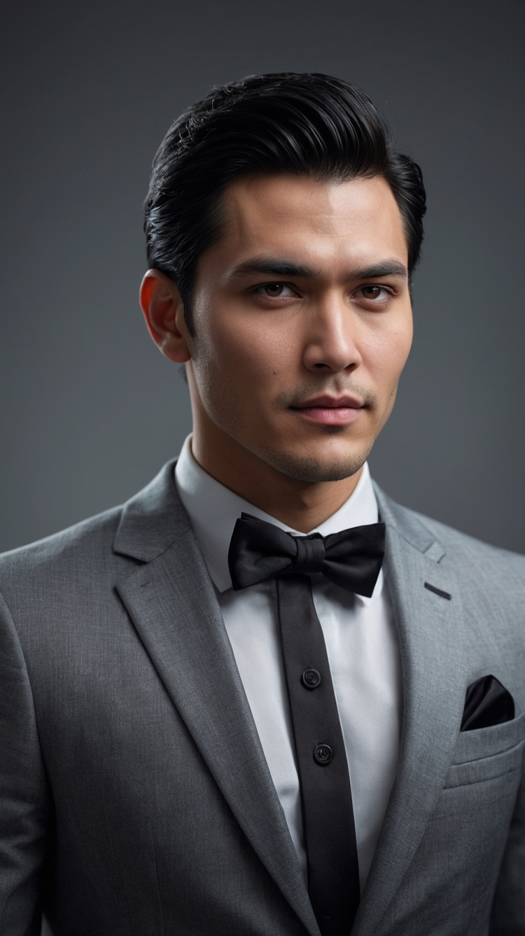 Asian man in gray suit and bow tie with neatly styled hair on plain gray background.