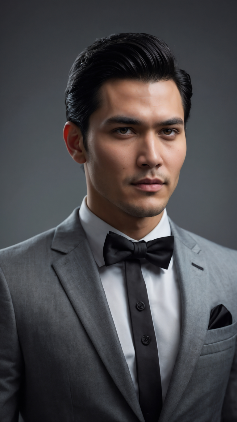 Asian man in gray suit and bow tie with neatly styled hair on plain gray background.