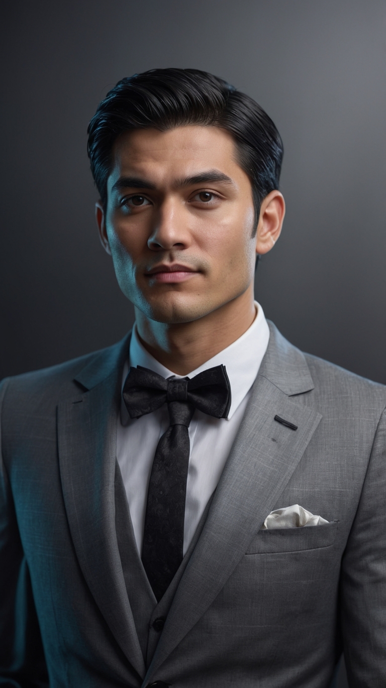 Handsome man in grey suit and white shirt against dark background, looking directly at camera.