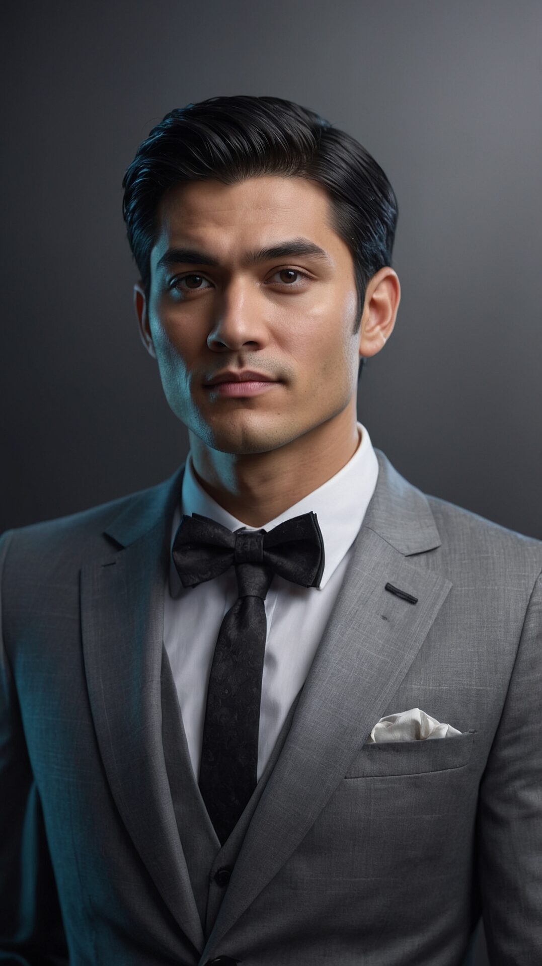 Handsome man in grey suit and white shirt against dark background, looking directly at camera.