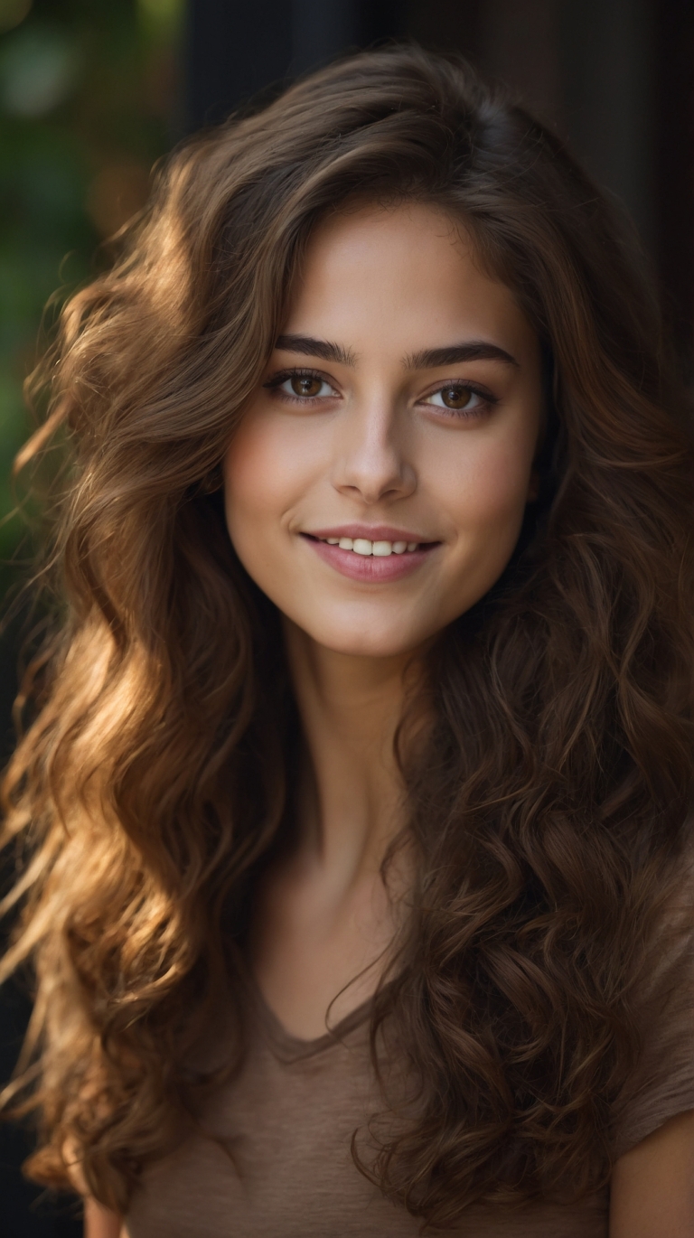 Woman with curly brown hair smiling in professional portrait with bokeh background.