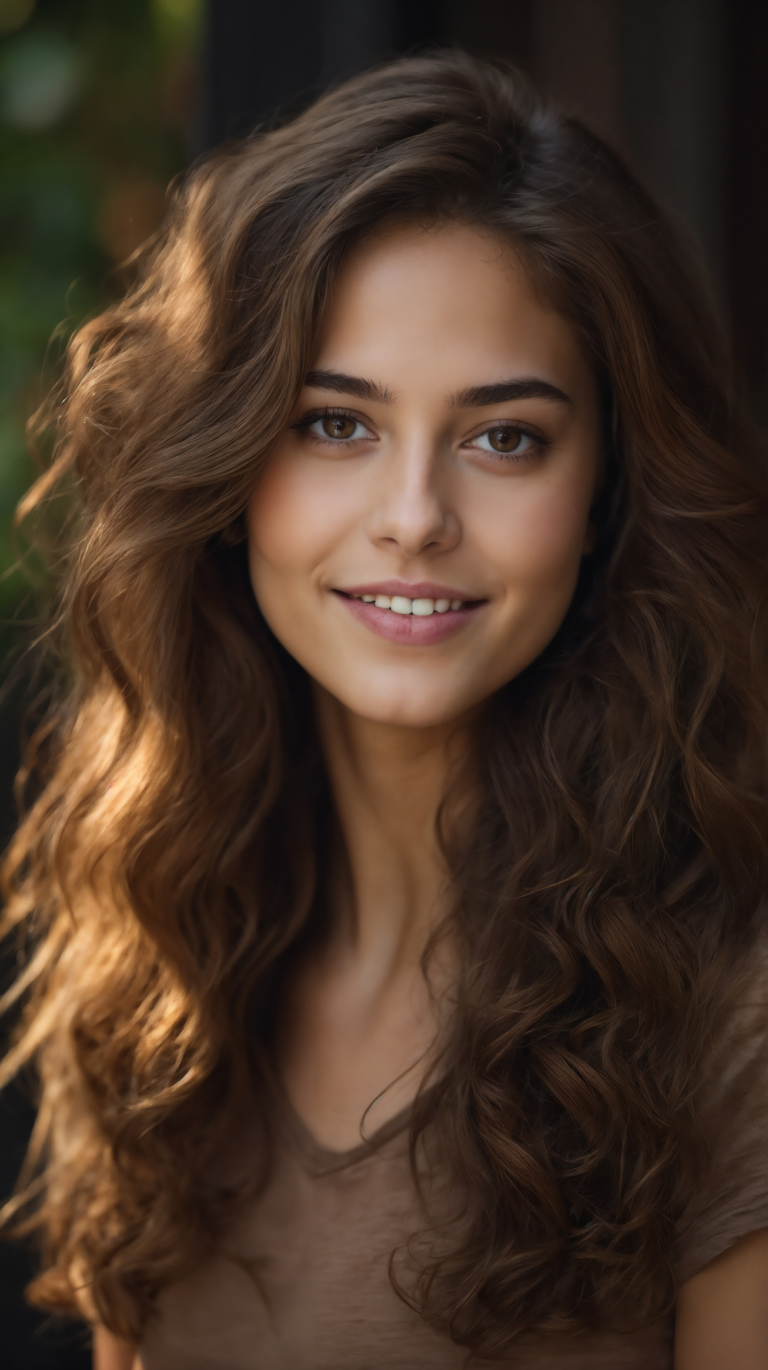 Woman with curly brown hair smiling in professional portrait with bokeh background.