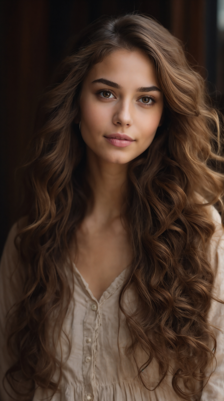 Girl with curly hair and elegant blouse posing in soft light against dark wood background.