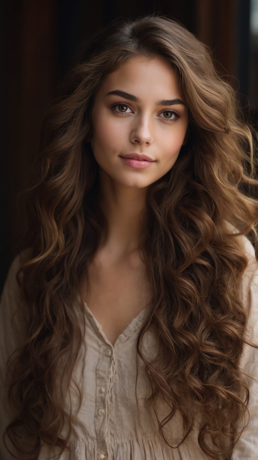 Girl with curly hair and elegant blouse posing in soft light against dark wood background.
