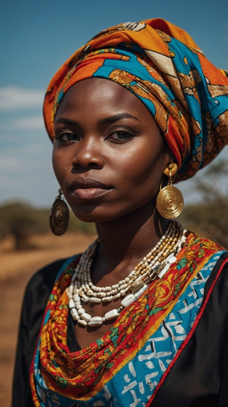 African woman in traditional attire with gold earrings and beaded necklaces standing in savannah.