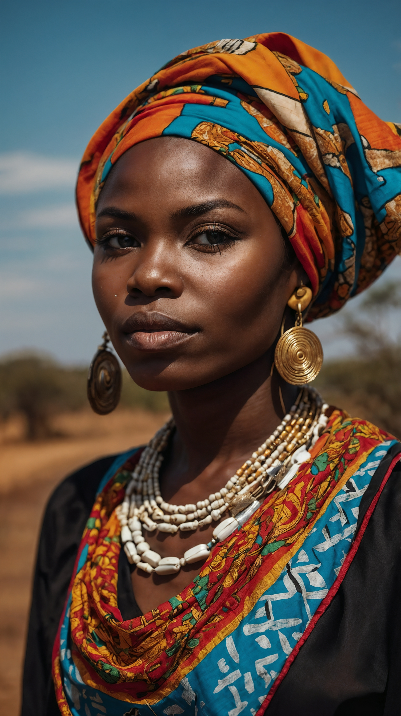 African woman in traditional attire with gold earrings and beaded necklaces standing in savannah.