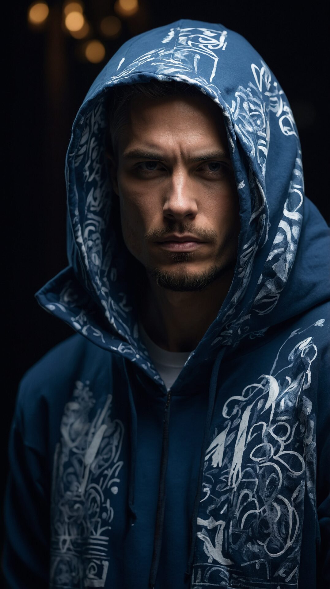 Streetwear model in blue patterned hoodie and matching scarf against dark background.