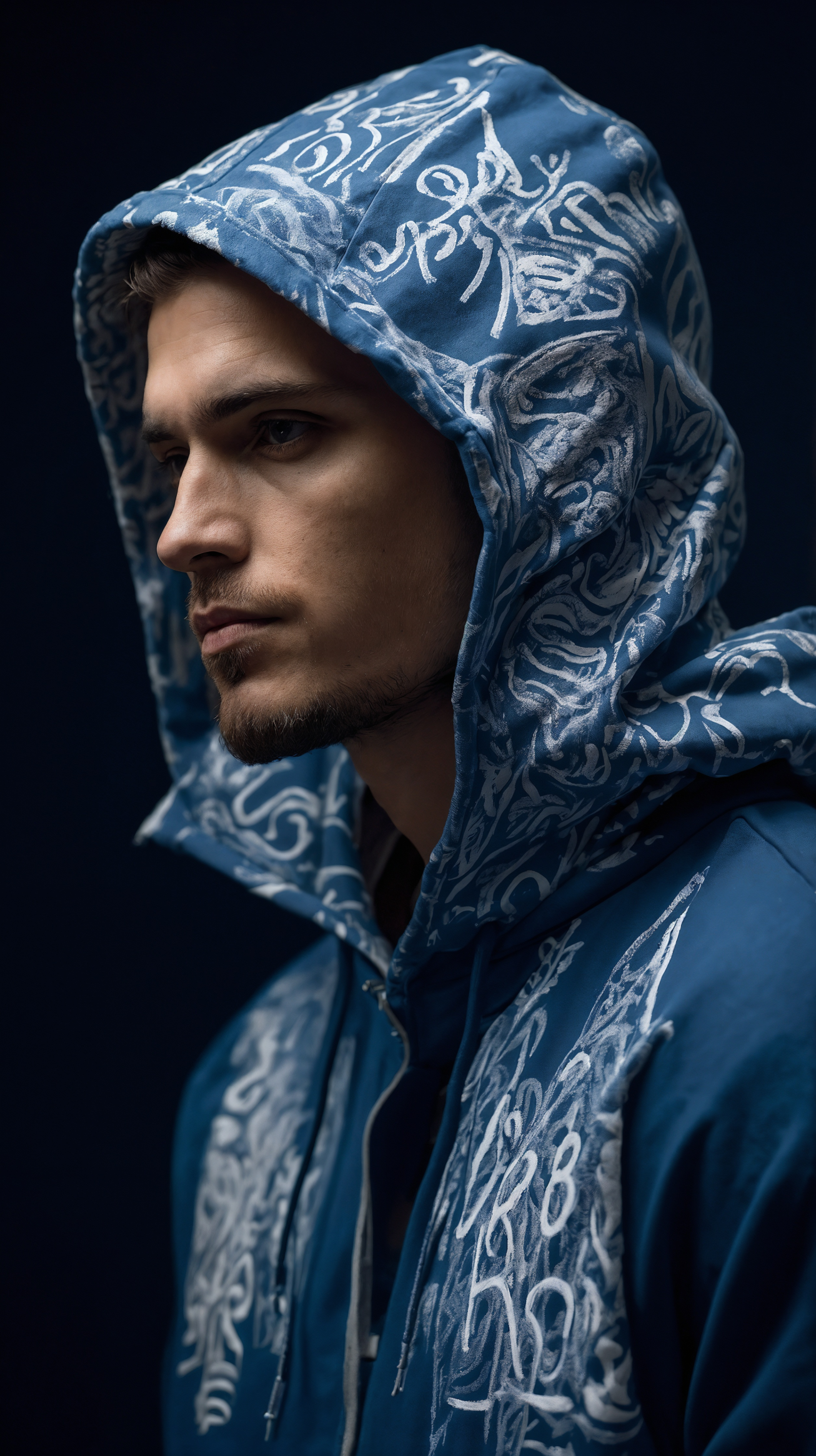 Male model in oversized blue hoodie with white designs posing against dark background.