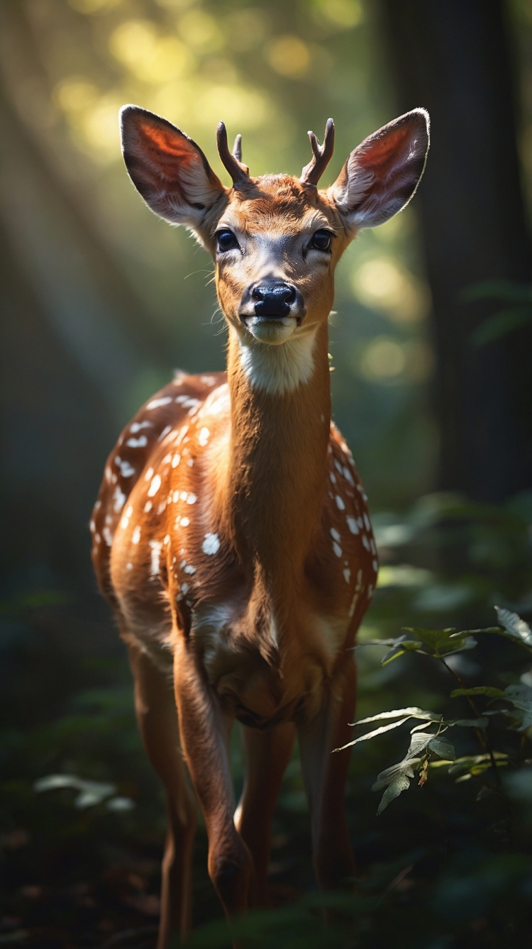 Young deer with white spots standing in forest with sunlight filtering through leaves.