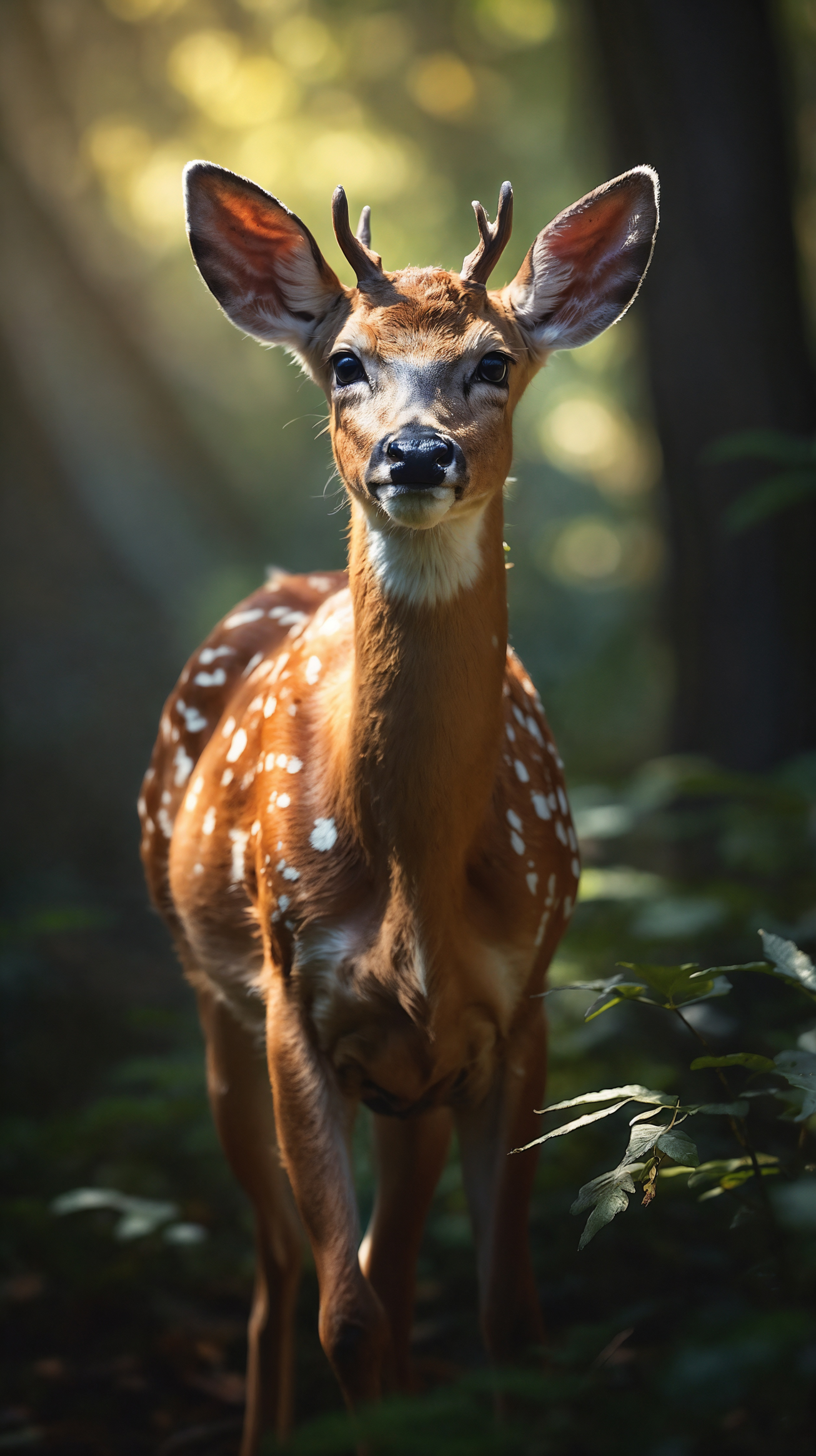 Young deer with white spots standing in forest with sunlight filtering through leaves.