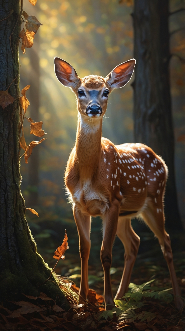 Spotted white-tailed deer fawn standing by tree trunk in warm forest sunlight.