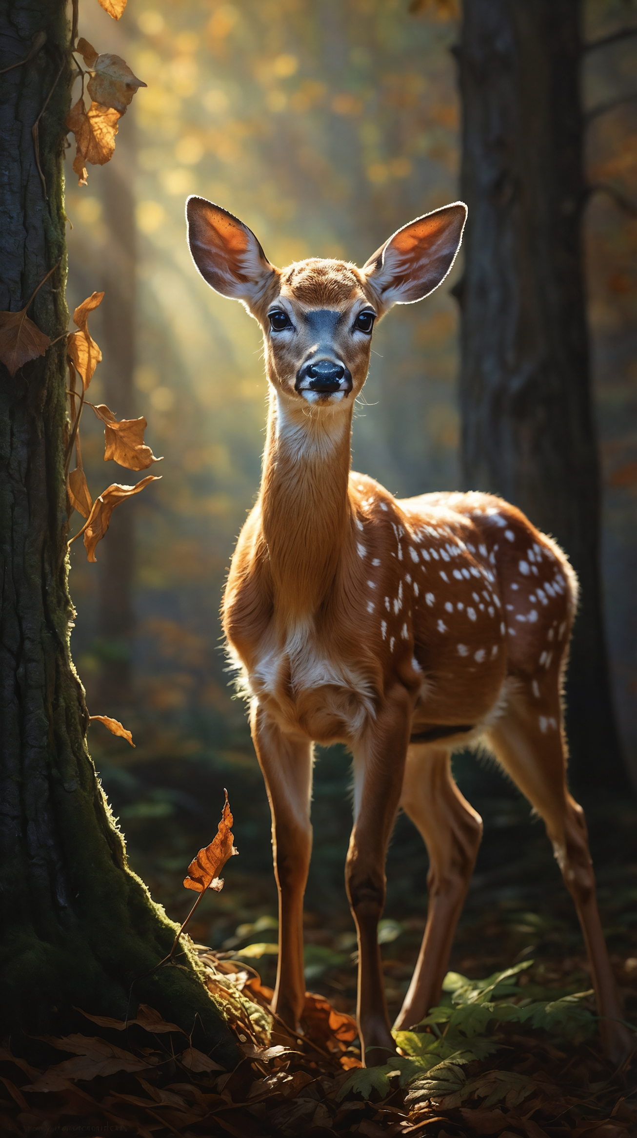 Spotted white-tailed deer fawn standing by tree trunk in warm forest sunlight.