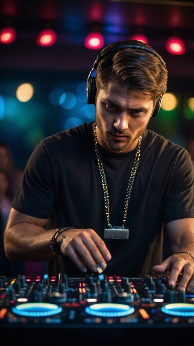 Male DJ in black shirt and gold necklace playing music in colorful nightclub.
