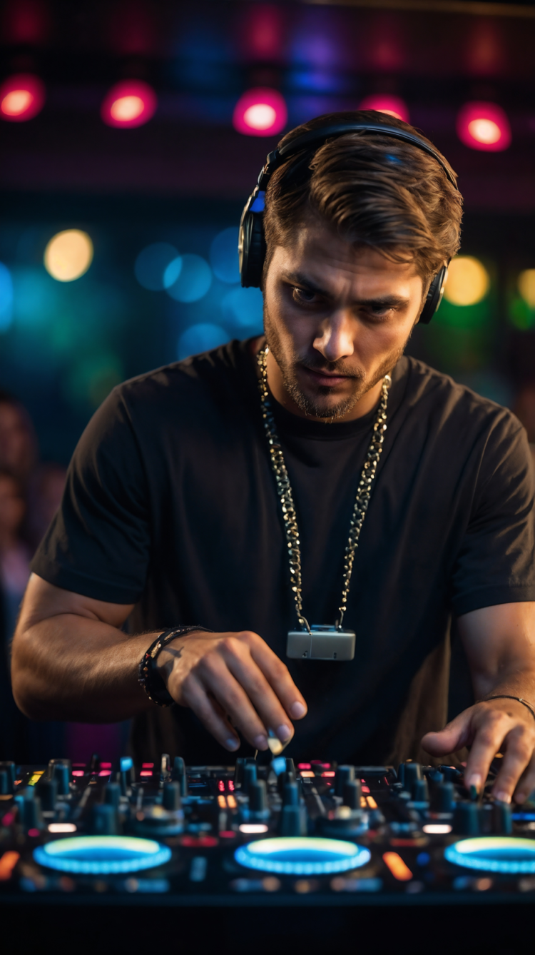 Male DJ in black shirt and gold necklace playing music in colorful nightclub.