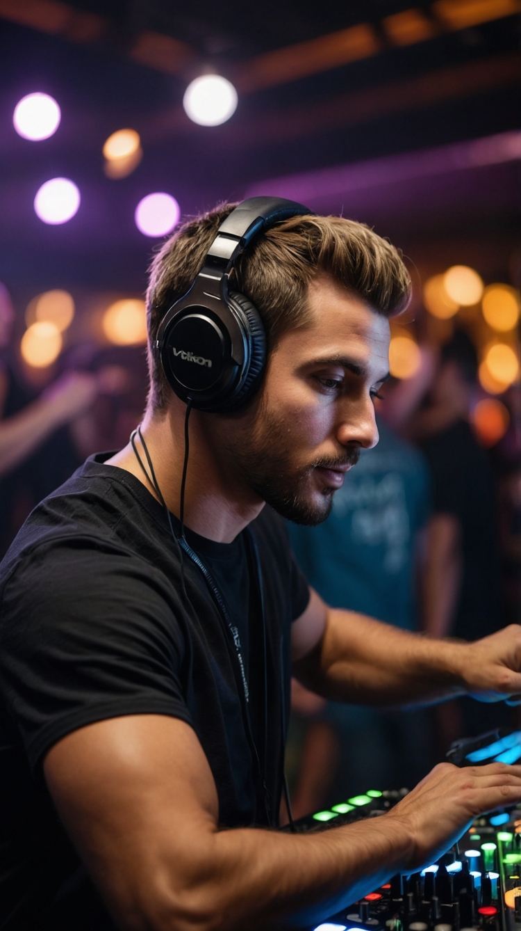 Male DJ in black T-shirt playing music on dance floor with colorful lights and crowd.